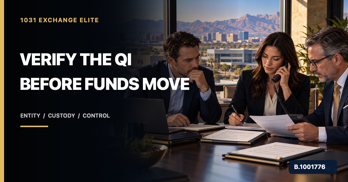 Investor and advisers independently verifying qualified-intermediary documents and payment instructions, marked Nevada Broker B.1001776