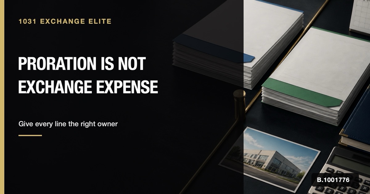 Commercial closing statement with property-tax and rent prorations separated from an exchange-expense review file.