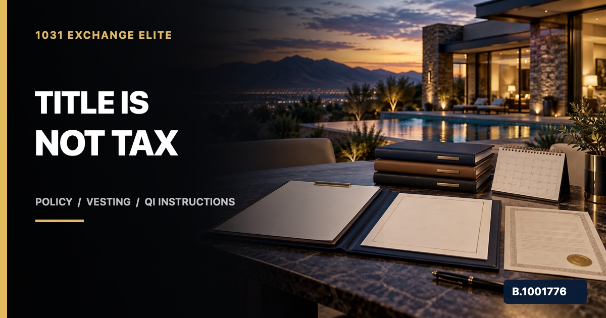 Nevada investment property beside a title commitment, owner policy folder, deed, calendar, and adviser folders with Title Is Not Tax text and broker license B.1001776
