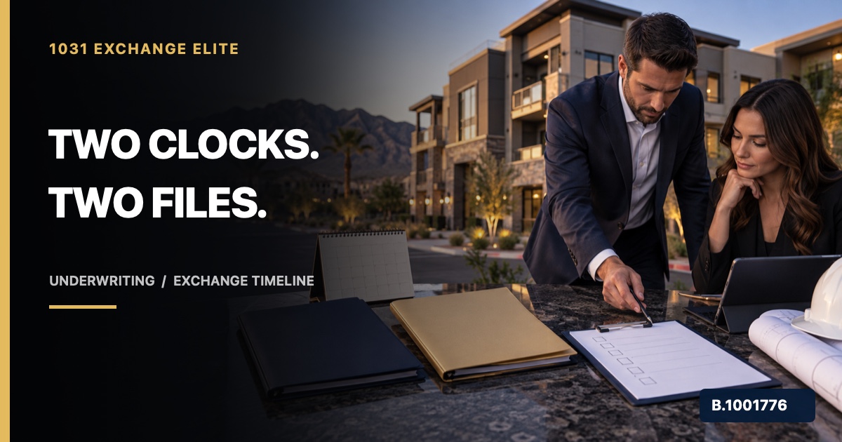 Nevada multifamily property beside separate blank insurance underwriting and exchange timeline folders, marked Nevada Broker B.1001776