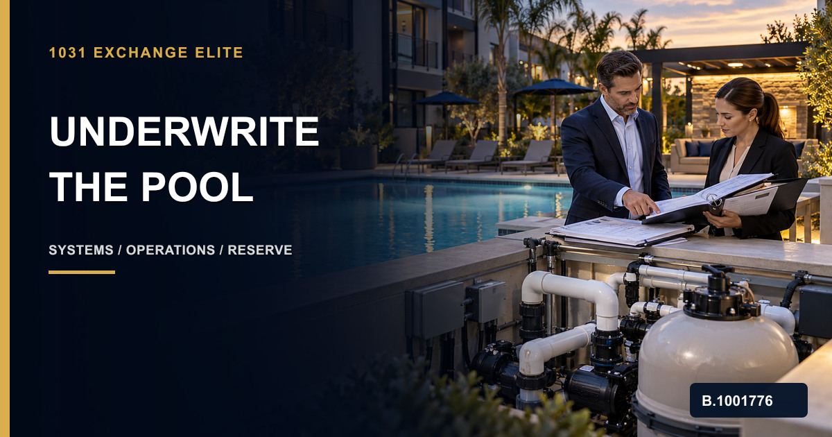 Investor and property professional reviewing pool equipment, plans, inspection records, and operating controls, marked Nevada Broker B.1001776