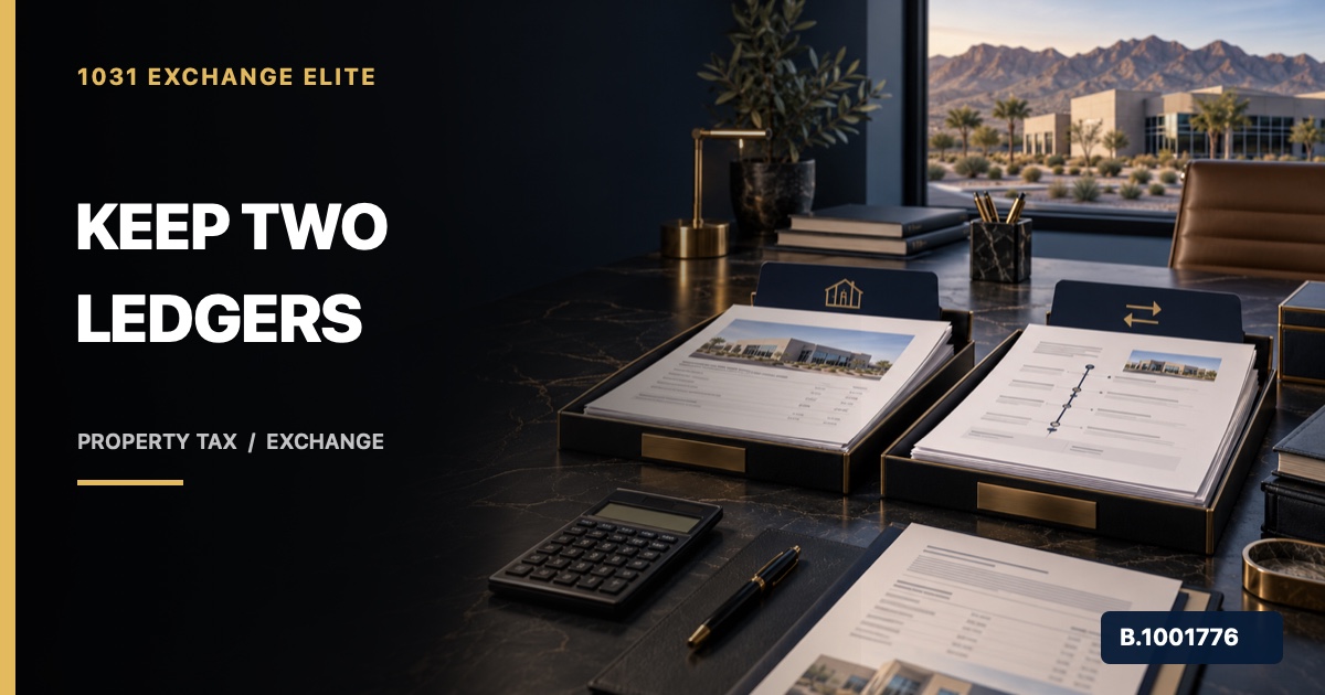 Commercial property closing desk with separate property-tax and qualified-intermediary exchange ledgers, calculator, and Nevada property, marked Nevada Broker B.1001776