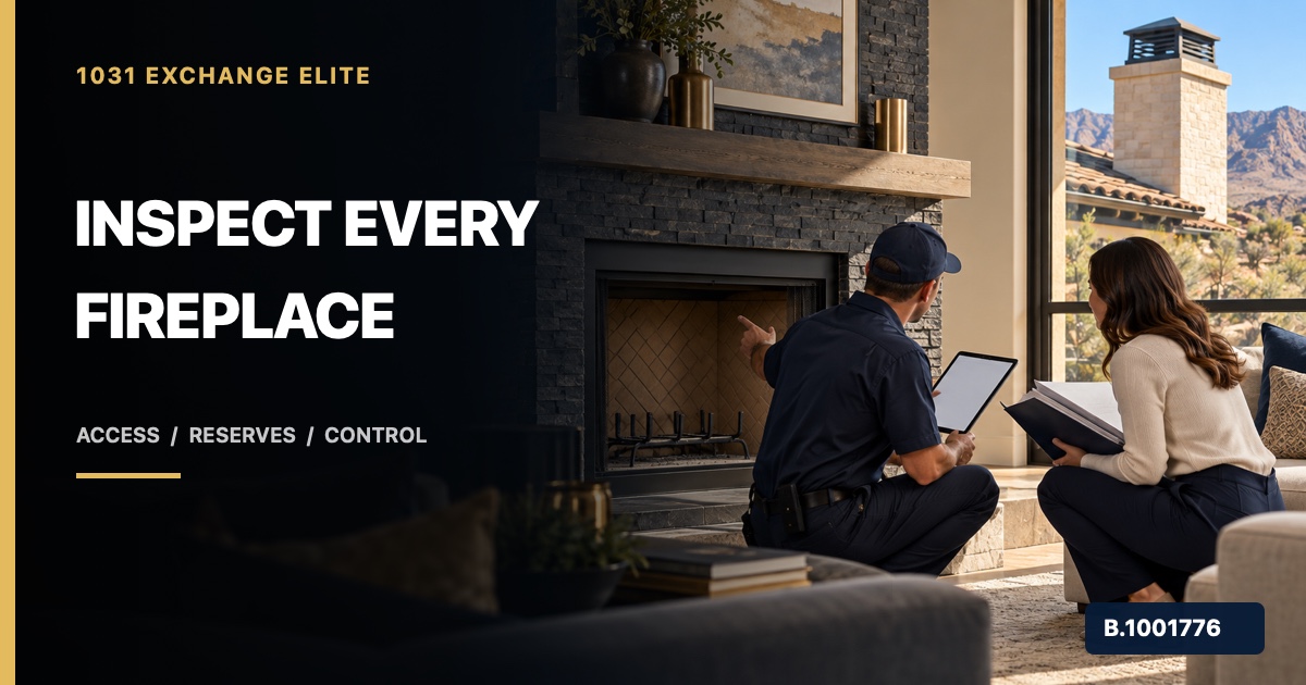 Investor and inspector reviewing a fireplace and chimney at a Nevada rental property, marked Nevada Broker B.1001776