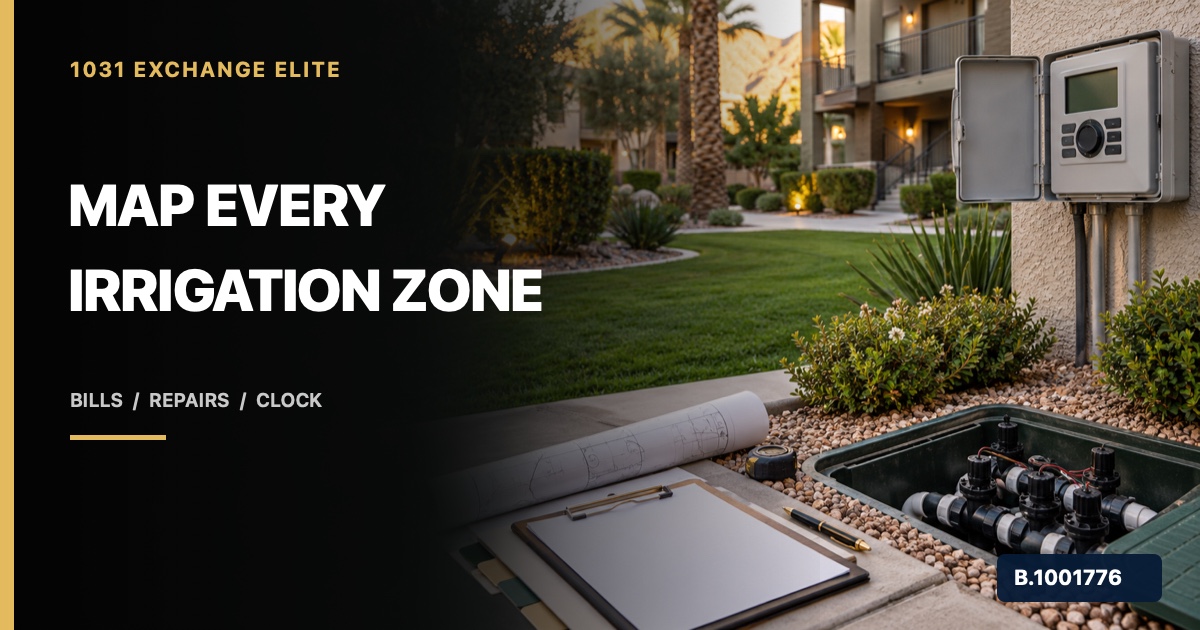 Rental property irrigation controller, labeled zone plan, valve box, maintenance clipboard, and calendar, marked Nevada Broker B.1001776