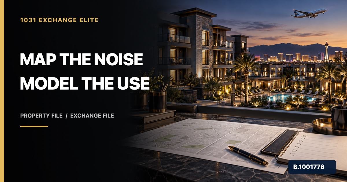 Las Vegas multifamily property beneath a distant aircraft with blank map, operating checklist, and calendar, marked Nevada Broker B.1001776