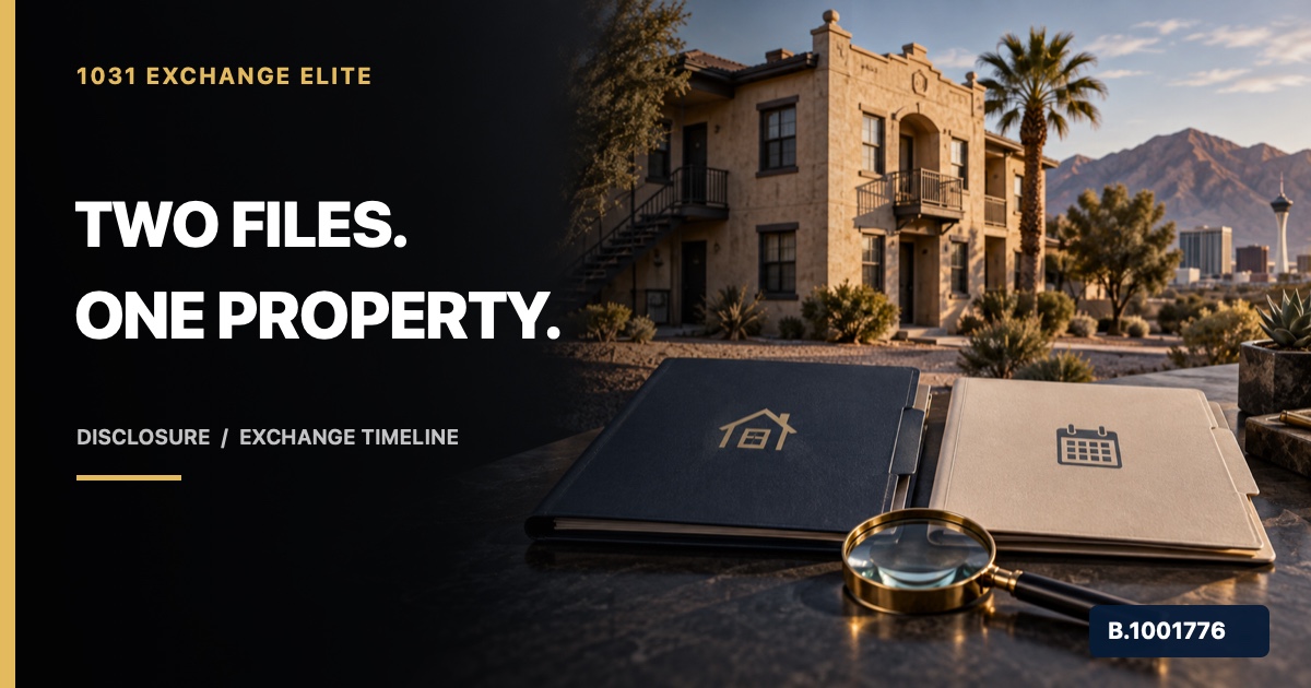Older Nevada multifamily property beside separate blank housing-disclosure and exchange-calendar folders, marked Nevada Broker B.1001776