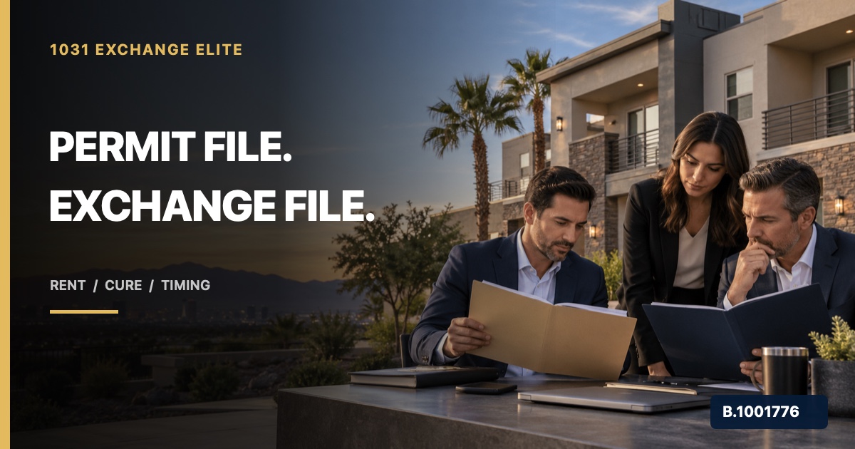 Nevada rental-property team reviewing separate blank permit-history and exchange-calendar folders, marked Nevada Broker B.1001776