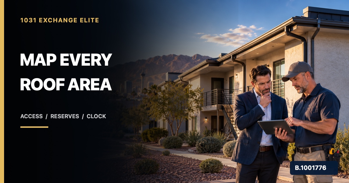Investor and inspector reviewing a Nevada rental property roof and drainage from the ground, marked Nevada Broker B.1001776