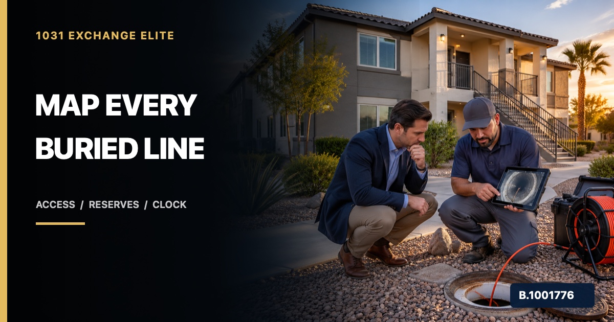Investor and plumbing specialist reviewing a sewer-scope video beside a Nevada rental property, marked Nevada Broker B.1001776