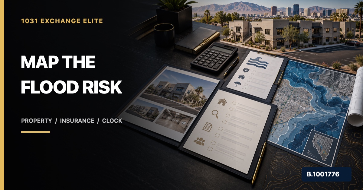 Nevada investment-property desk with separate flood-map and 1031 exchange due-diligence lanes, marked Nevada Broker B.1001776