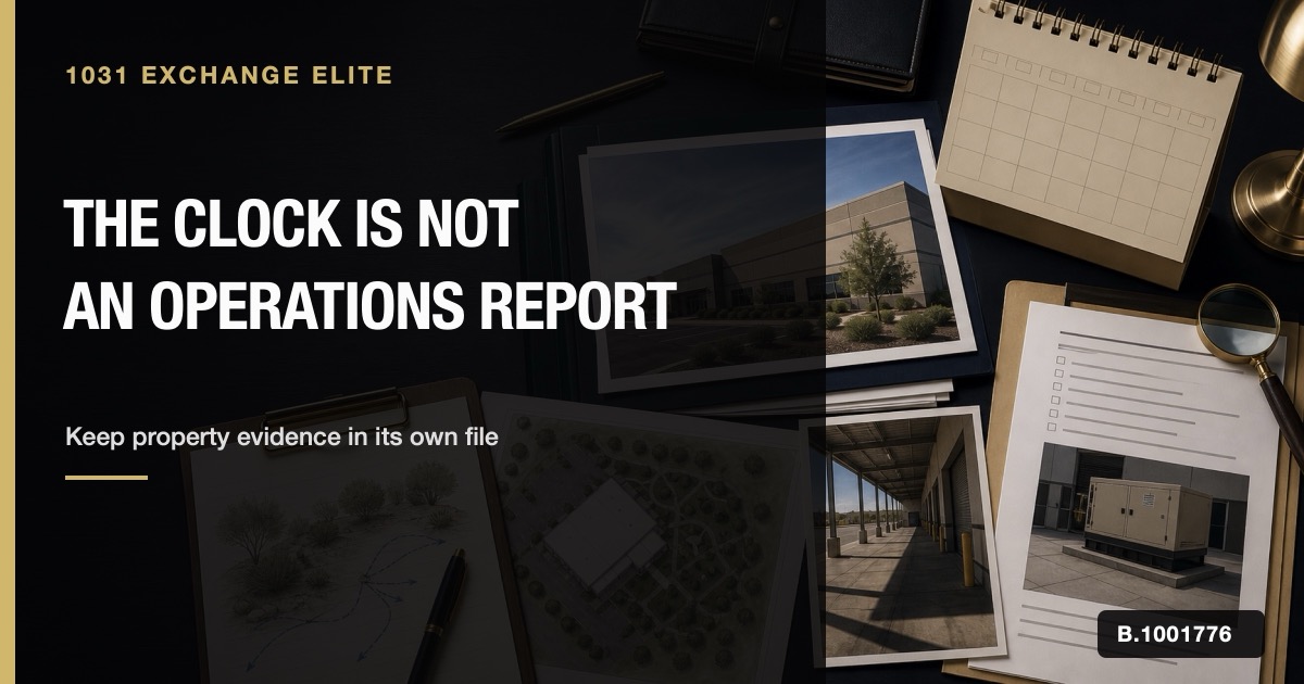 Commercial replacement-property photos, access plan, landscape notes, backup-power checklist, and calendar arranged as separate diligence evidence.