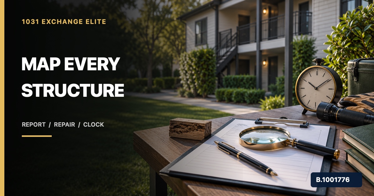 Rental-property inspection table with report, wood sample, magnifier, flashlight, and exchange clock, marked Nevada Broker B.1001776